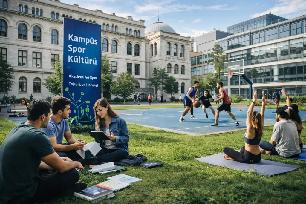 Kadir Has Üniversitesi kampüsünde öğrencilerin spor faaliyetleri, akademik etkileşim ve topluluk çalışmalarıyla spor kültürünü birlikte deneyimlediği açık alan sahnesi