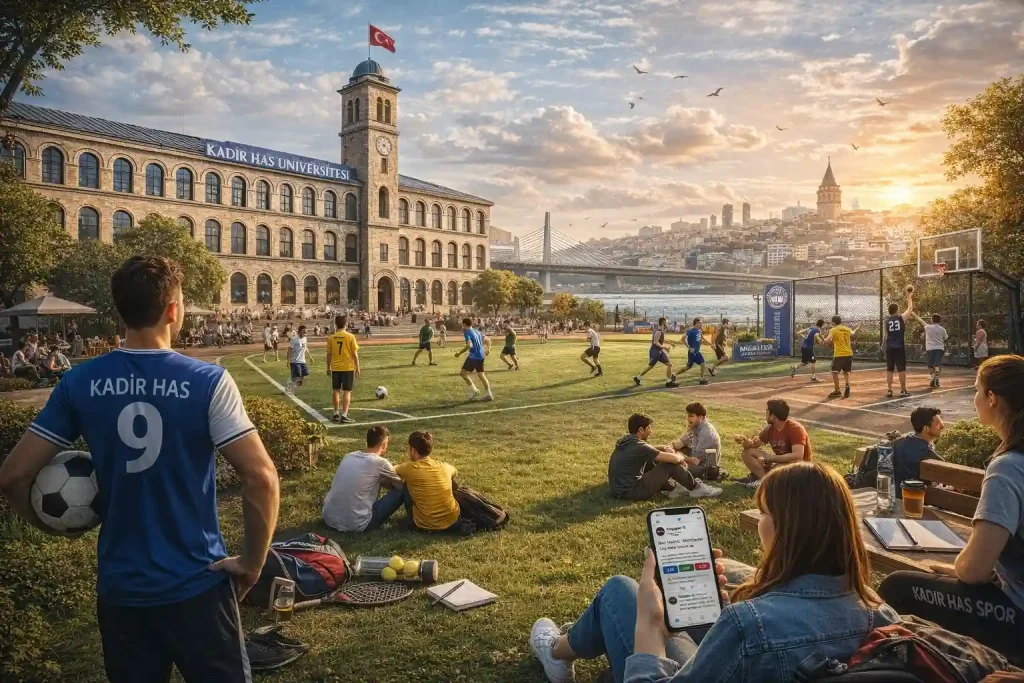 Kadir Has Üniversitesi kampüsünde öğrencilerin futbol ve basketbol oynadığı, bazı öğrencilerin çimlerde oturup sosyalleştiği ve spor etkinliklerini izlediği canlı ve sosyal kampüs yaşamını yansıtan yatay görsel